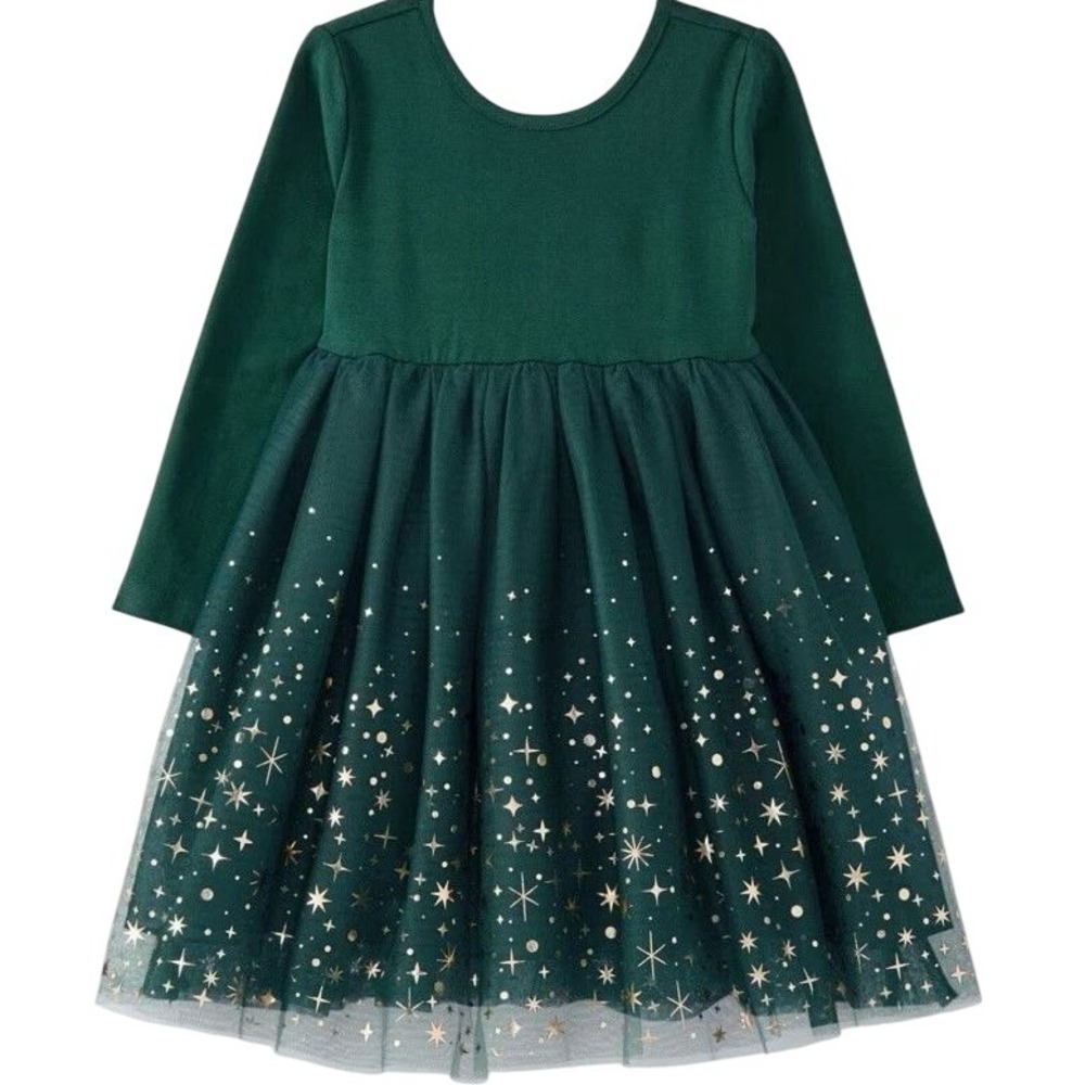 Hanna Andersson Shimmer Green Tulle Gold Stars Dress Girls Size 12 Long Sleeve